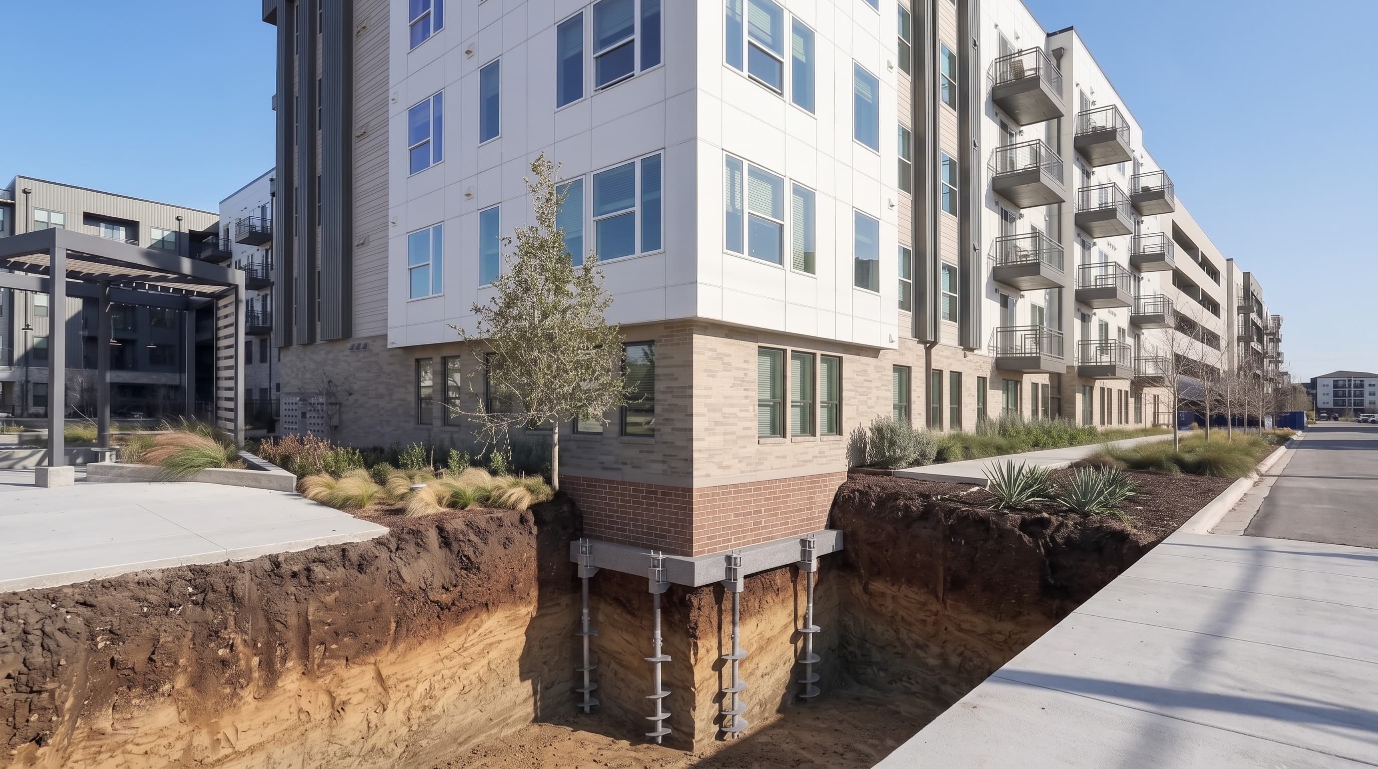 A commercial development site in Central Texas with deep foundation work underway