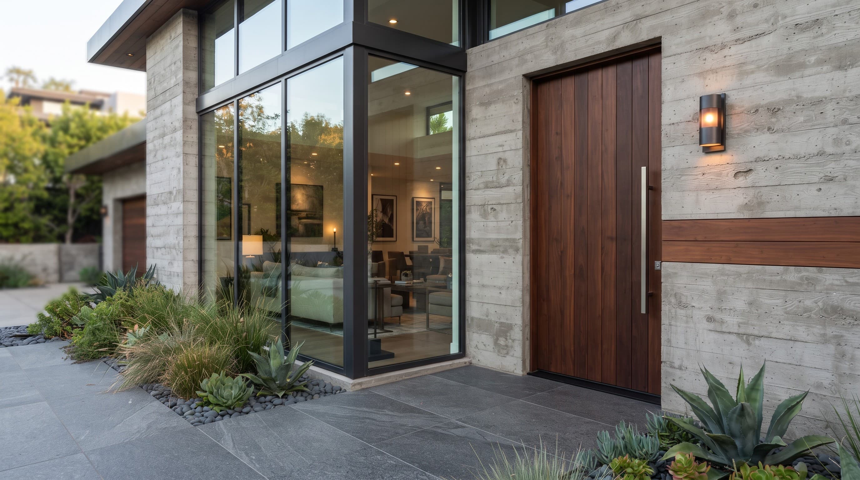 Entrance of a modern luxury home with concrete and wood exterior, Hill Country landscaping