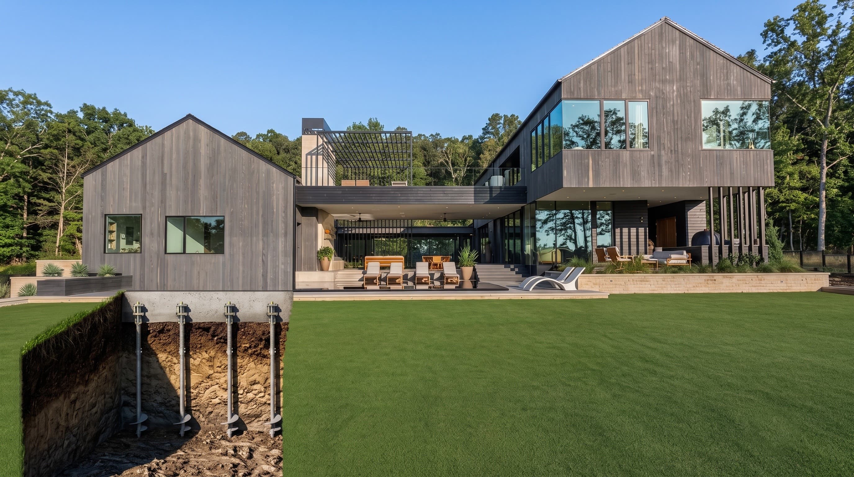 A luxury hillside home foundation under construction on a Lake Austin lot