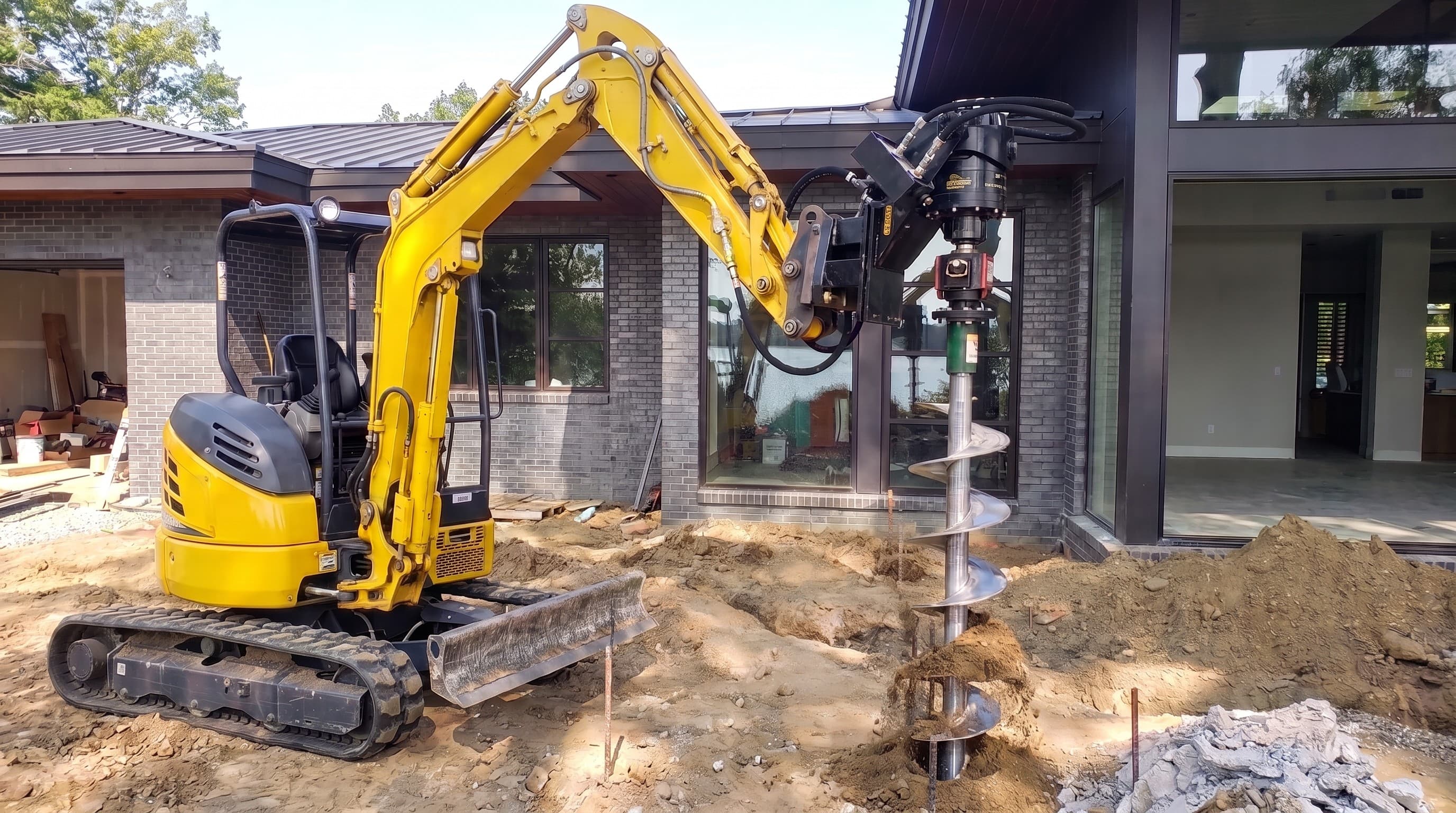 A mini excavator with a helical drive attachment installing a helical pier beside a home under construction